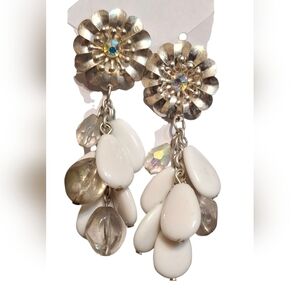 White Dangle Cluster Clip On Earrings - Unbranded